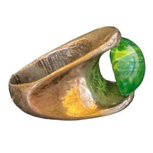 Artisan Ring 7.5 Glass Cabochon Sterling Silver 925 Green Solitaire Vintage